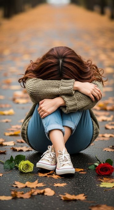 A young woman with red hair sits on an autumn path covered in fallen leaves, her head resting on her knees, wearing a beige knit sweater, blue jeans, and white sneakers, with a green rose on one side and a red rose on the other.