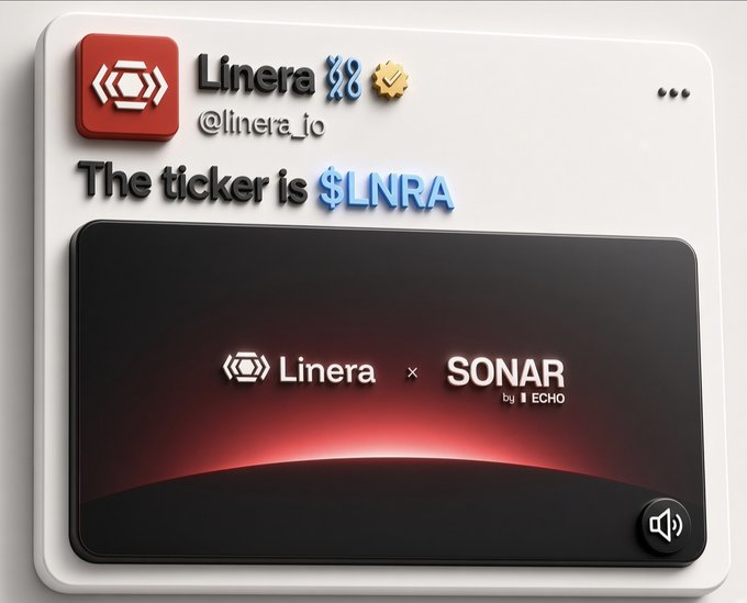 A 3D-style social media post from Linera (@linera_io) announces "The ticker is $LNRA" and promotes a collaboration with SONAR by Echo, featuring their logos on a dark media card with a sound icon. The image ties into the "airdrop hype" caption by teasing a new token launch with potential airdrop interest for those grinding in crypto.