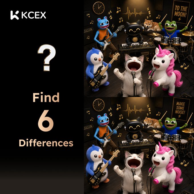 A 'Find 6 Differences' puzzle from KCEX showing two nearly identical images of plush toys (a blue cat, penguin, white cat, unicorn, and frog) forming a band in a music studio; the top sign reads 'TO THE MOON!' and the bottom reads 'MAKE SOME NOISE!'.