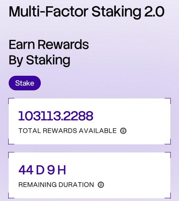 A "Multi-Factor Staking 2.0" promotional graphic showing "103113.2288" total rewards available and "44 D 9H" remaining duration, with a call-to-action "Stake" button, tied to a post about $STBL and its role in building the future of stablecoin-based financial infrastructure.