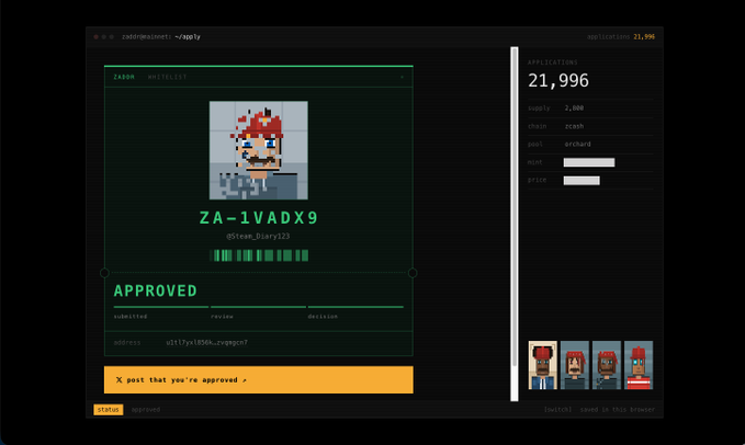 A dark-themed web interface titled 'cas9brainiest' displays an approved post labeled 'ZA-1VADX9' by @Senn_Disary23, showing 'application 21,996' with reward '2,000' on the right panel.