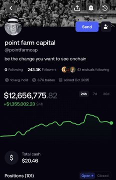 The image shows a screenshot of a Twitter/X profile page for "point farm Capital" (@pointfarmcap), displaying a portfolio overview with $12,656,775.82 in total holdings ($1,365,002.23 daily gain) and $20.46 in total cash across 101 positions, alongside a green 24-hour performance chart.

The post appears to be unrelated to the profile shown, which is for "point farm Capital," while the caption references buying $ORBIO and mentions "InferenceFi"—neither of which is visible in the image.