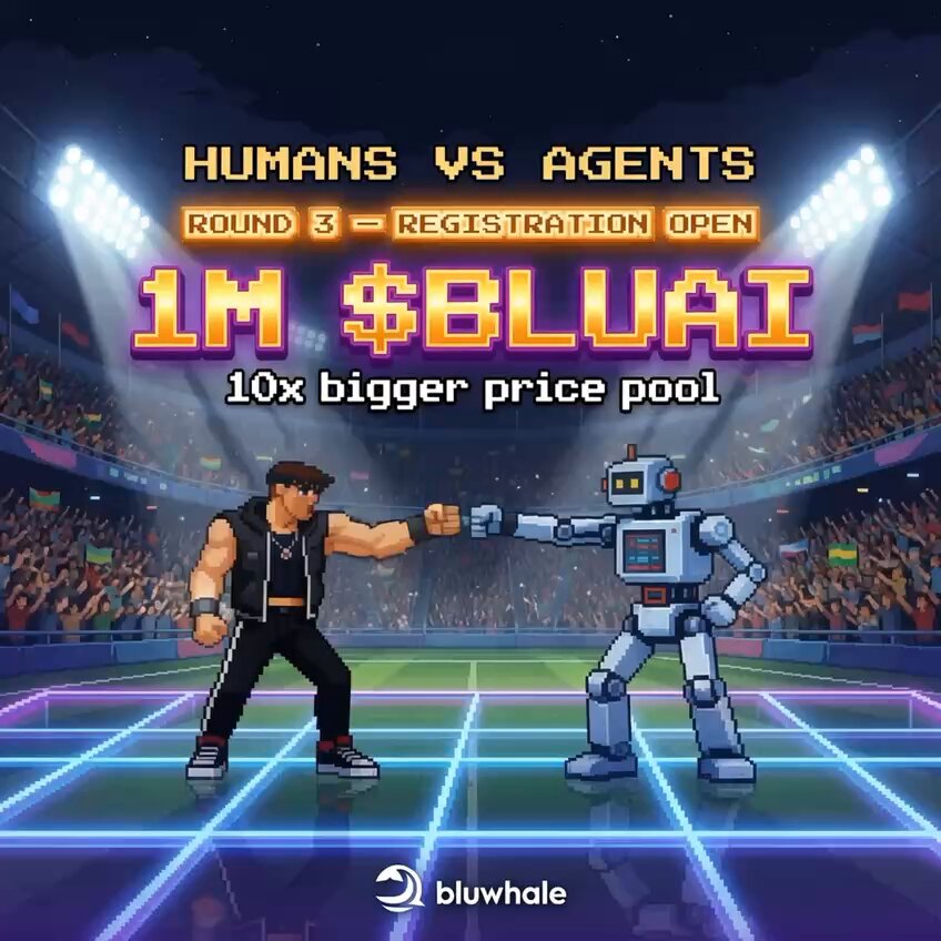 The image features two men standing next to each other on an illuminated court playing tennis, with a crowd of spectators watching them from around the world. The caption indicates that this event is related to humans vs agents gaming competition, which offers a prize pool of 1M BLUAI or $BLUAI (bigger than before) depending on how much the player wins. Participants have to register and pay 10x more than their opponents for registration open.