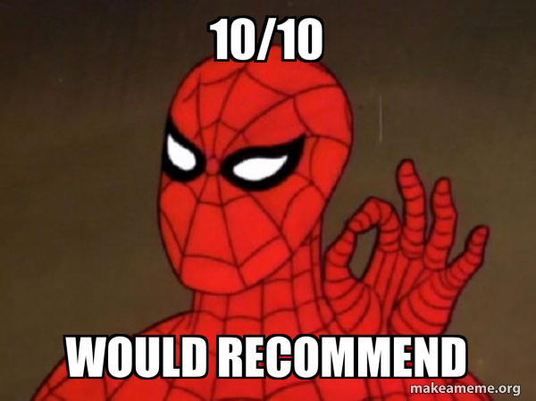 The image features a cartoon character, Spiderman, with his hand raised in an "okay" gesture as if he's giving a thumbs-up sign. The caption below the image reads "10/10", which could be interpreted as a rating or review for the image. However, there is also a warning that says "Would recommend" at the bottom of the post, suggesting that it might not be suitable for everyone due to its content or style.
