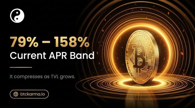 A promotional graphic for btkarma.io displaying '79% – 158% Current APR Band' with the text 'It compresses as TVL grows' alongside a golden Bitcoin image.