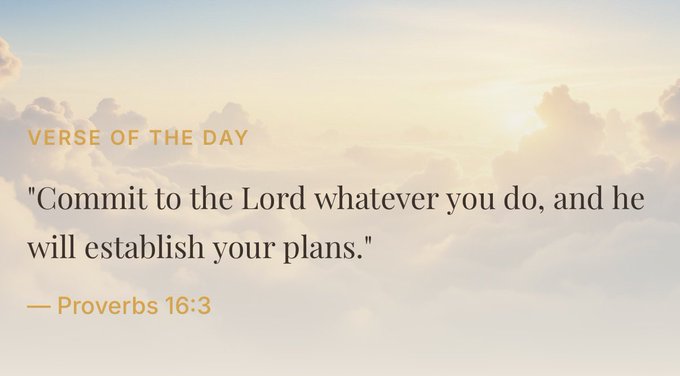 A 'Verse of the Day' graphic featuring a cloudy sky background with the Bible quote: 'Commit to the Lord whatever you do, and he will establish your plans.' — Proverbs 16:3.