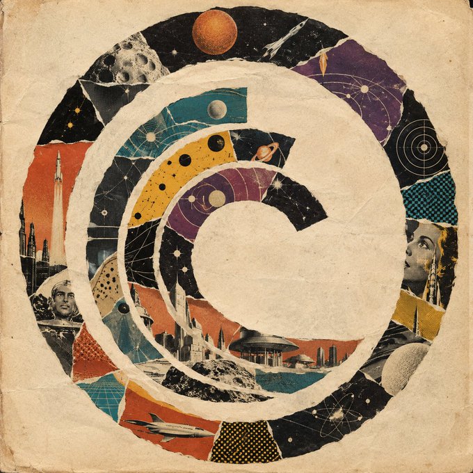 A retro-style collage arranged in a spiral pattern features torn paper fragments depicting cosmic elements like planets, moons, and starry skies, alongside retro-futuristic images of rockets, a cityscape, a woman's profile, and an astronaut—visually echoing the post's theme of scattered fragments coming together, much like torn pieces reuniting to form a cohesive whole.