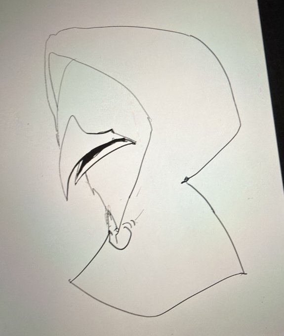 A simple pencil sketch on white paper depicting a stylized hooded figure with a sleek, angular visor or face mask.