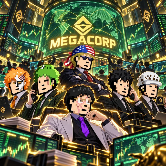 A stylized digital illustration depicting pixel-art characters in suits within a high-tech trading floor, centered around a large glowing globe displaying "MEGACORP".