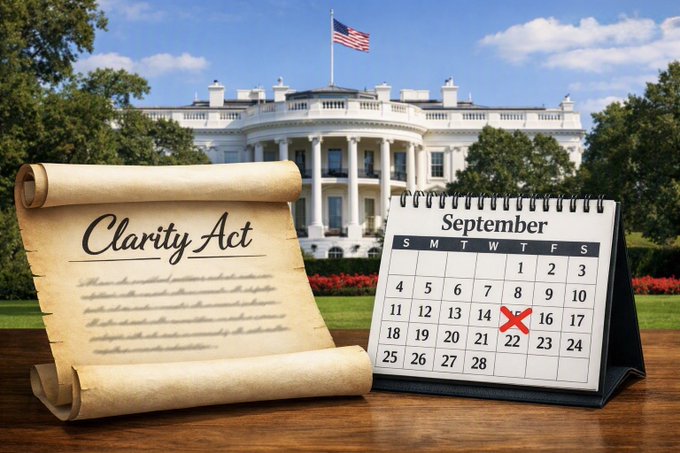 The image shows a scroll labeled "Clarity Act" next to a September calendar with the 22nd marked in red X, set against the backdrop of the White House with its American flag flying. This visually reinforces the post's message of counting down 14 days until "The Clarity Act" vote.