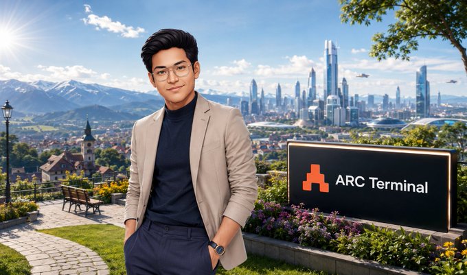 A man wearing glasses, a dark turtleneck, and a beige blazer stands in a garden with a city skyline and mountains behind him, next to a black sign reading 'ARC Terminal' with an orange logo.