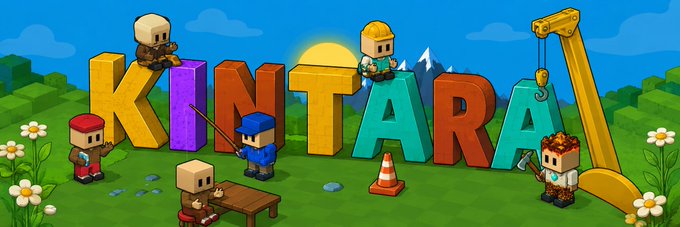 A colorful pixel-art banner reads 'KINTARA' with blocky characters including a worker, policeman, and knight in a grassy field setting.