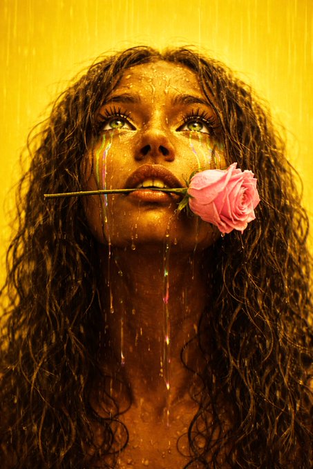 A close-up of a woman's face with curly wet hair, a pink rose held in her mouth, and colorful liquid dripping down her face against a yellow background.