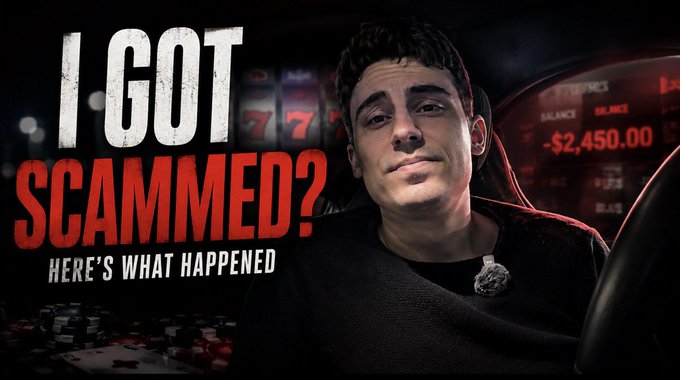 A young man with a frustrated expression sits against a dark background featuring slot machines and a digital balance display showing "-$2,450.00." Bold text reads "I GOT SCAMMED?" with the subtitle "HERE'S WHAT HAPPENED," promoting a video about a gambling loss being shared with a $300 giveaway.