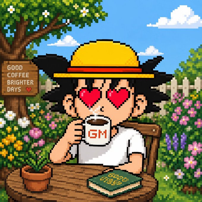 A pixel art illustration depicts a character with heart-shaped eyes drinking coffee from a mug labeled 'GM' while wearing a yellow straw hat, with a sign reading 'GOOD COFFEE BRIGHTER DAYS' in a garden setting.