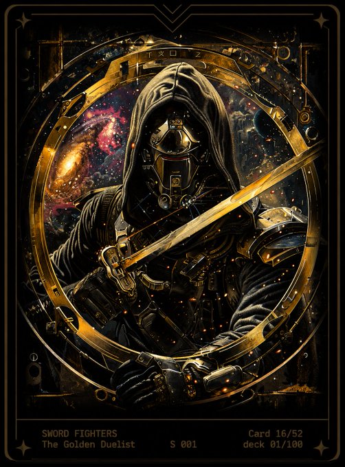 A tarot-style card features a hooded figure holding a sword against a cosmic background. The text reads "SWORD FIGHTERS The Golden Duelist S 001 Card 16/52 deck 01/100".