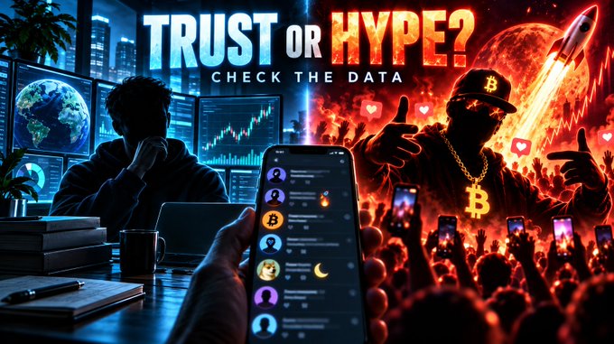 A split-screen graphic displays "TRUST OR HYPE? CHECK THE DATA" above a person analyzing charts on the left and a hype figure with Bitcoin symbol gesturing to a crowd on the right.