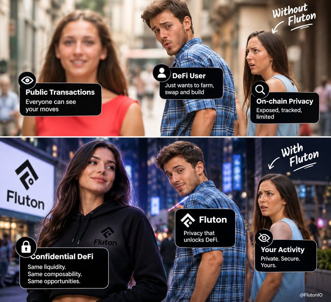 A Fluton cryptocurrency advertisement comparing 'Without Fluton' (public transactions, tracked privacy) to 'With Fluton' (confidential DeFi, private activity), using the 'Distracted Boyfriend' meme format.