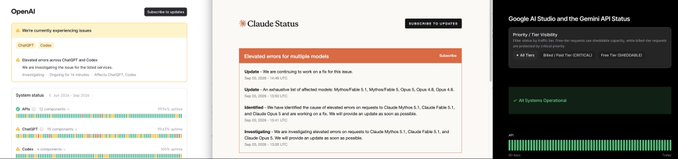 The image displays three AI service status dashboards—OpenAI (showing 8 incidents for ChatGPT with degraded errors), Claude Status (highlighting elevated errors for multiple models including Haiku, Sonnet 4.5, Opus 4.1, and 4), and Google AI Studio/Gemini API Status (noting Phishing/Fair Visibility) appearing fully operational. The post "OK Gemini it's now or never" suggests Gemini's green status gives it a competitive edge while rival AI platforms OpenAI and Claude grapple with multiple ongoing service outages.