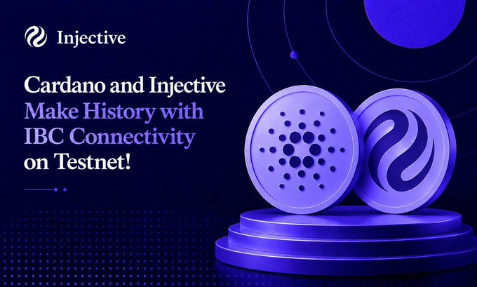 A promotional graphic for Injective and Cardano featuring purple 3D coin models and the text 'Cardano and Injective Make History with IBC Connectivity on Testnet!'.