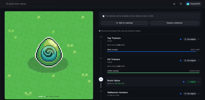 A Ronin Network marketplace interface displays a blue and green swirled egg NFT on a green background, with collection details showing 'Top Trainers', 'OG Trainers', 'Ronin Wave', and 'Yakkamon Hunters' collections, noting availability on Sep 23, 2026.
