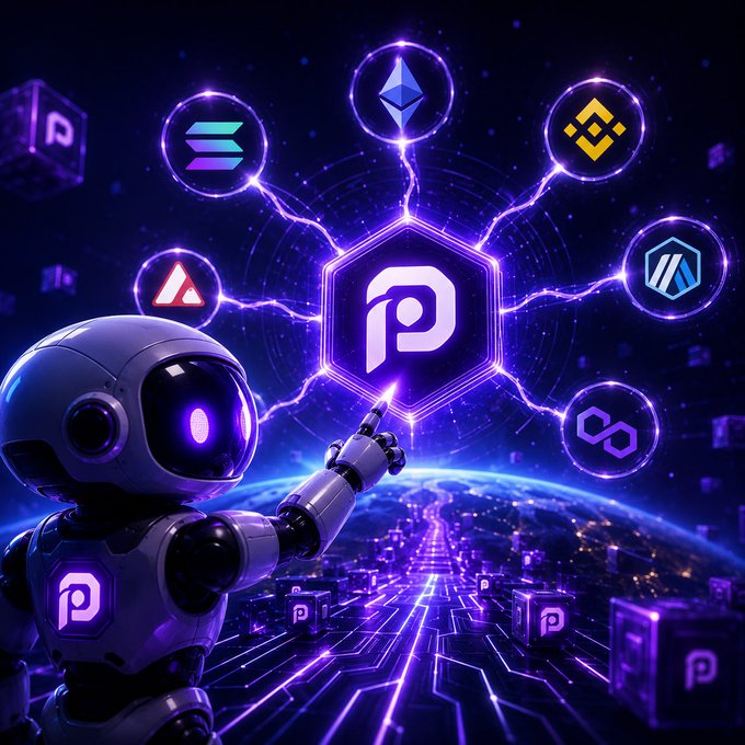 Vibrant digital artwork featuring a purple robot pointing toward a central 'P' hexagon logo connected by lightning to various crypto coin icons including Solana, BNB, and Avalanche.