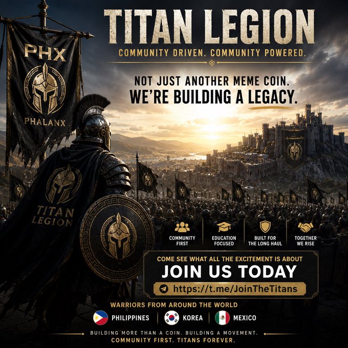 A dramatic promotional banner for "TITAN LEGION" cryptocurrency featuring a Spartan warrior overlooking a vast army approaching a castle, with the tagline "COMMUNITY DRIVEN. COMMUNITY POWERED." and the call-to-action "JOIN US TODAY" linking to https://t.me/JoinTheTitans, highlighting community-first values and global reach from the Philippines, Korea, and Mexico. The image's imagery of a united legion marching under shared banners perfectly mirrors the post's emphasis on building a strong, enduring community rather than chasing short-term hype.