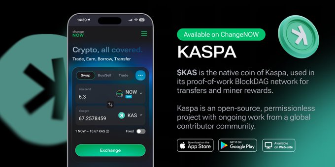 Promotional graphic for ChangeNOW announcing KAS (Kaspa's native coin) availability, featuring the app interface showing a swap of 6.3 NOW for 67.2578459 KAS, alongside download links for App Store, Google Play, and web version. The image visually reinforces the post's announcement that $KAS can now be traded on the ChangeNOW exchange platform.