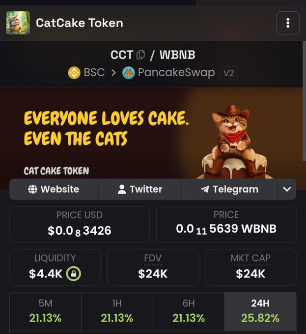 The image shows the CatCake Token ($CCT) page on PancakeSwap V2 (BSC), displaying a price of $0.0083426 ($0.115639 WBNB), $4.4K liquidity, and a $24K FDV/market cap—lower than the $34K figure cited in the post. The banner reads "EVERYONE LOVES CAKE. EVEN THE CATS," featuring a cartoon cat in cowboy attire sitting on a cake, with links to the project's Website, Twitter, and Telegram.