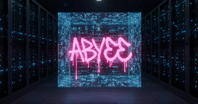 A glowing pink neon "ABYSS" graffiti tag floats inside a holographic blue cube in a dark data center, visually framing the cryptocurrency project as a deep, technical underworld beneath traditional systems—matching the post's framing of Quip's post-quantum security layer as something hidden but deployable now within existing wallets like MetaMask, Ledger, and Safe.