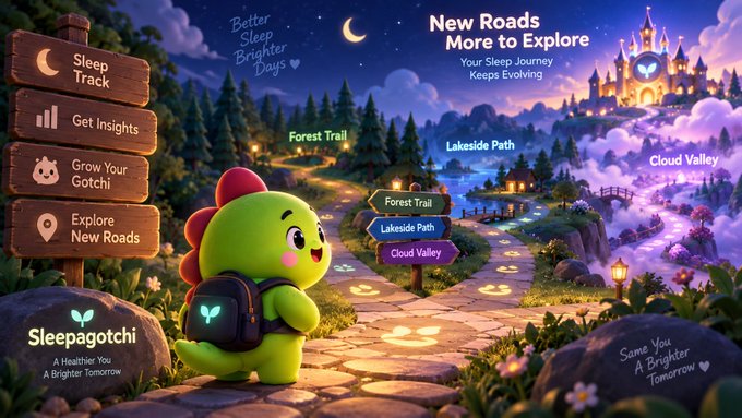 A promotional illustration for 'Sleepagotchi' featuring a cute green dinosaur-like character with a backpack, surrounded by wooden signposts displaying features like 'Sleep Track', 'Get Insights', and 'Grow Your Gotchi', with paths labeled 'Forest Trail', 'Lakeside Path', and 'Cloud Valley'.