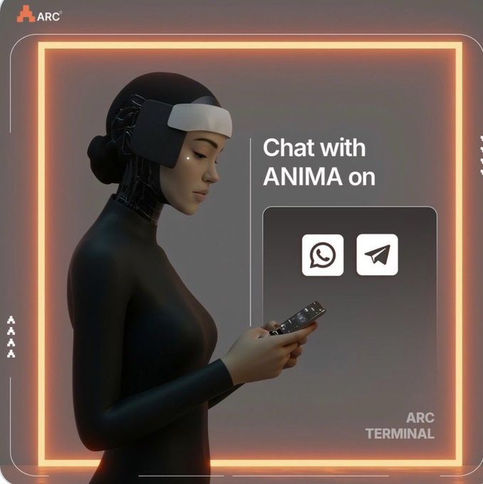 The image features a woman wearing a black outfit holding a cell phone while standing against a gray background. The text "Chat with ANIMA ON" is displayed above her head, indicating that she can engage in a conversation via messaging app ANIMA on social media platforms like Twitter and Facebook. The post also mentions the importance of trust and how it relates to the content shared by users.