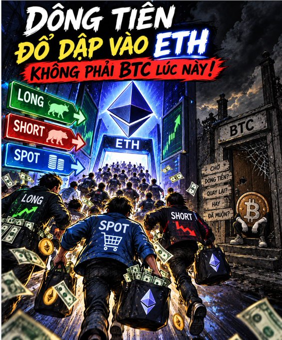 A Vietnamese crypto promotional graphic reading 'DỒNG TIỀN ĐỔ DẬP VÀO ETH - KHÔNG PHẢI BTC LÚC NÀY!' (Money is flooding into ETH, not BTC right now!), depicting traders labeled LONG, SHORT, and SPOT rushing toward an ETH portal, with a dejected Bitcoin figure locked in a BTC dungeon.