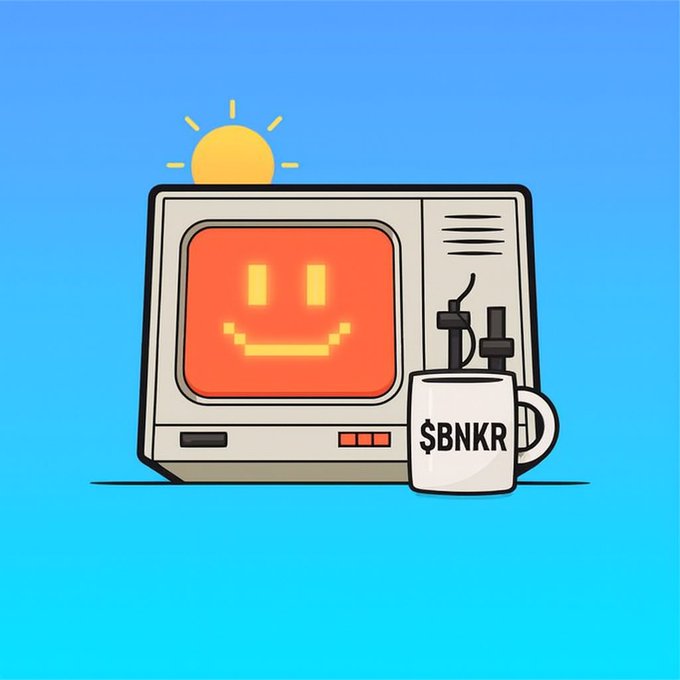 A retro-style illustration of a vintage computer monitor with a glowing orange smiley face on the screen, a yellow sun behind it, and a white mug labeled '$BNKR' with wires attached sitting next to it, all on a blue background.