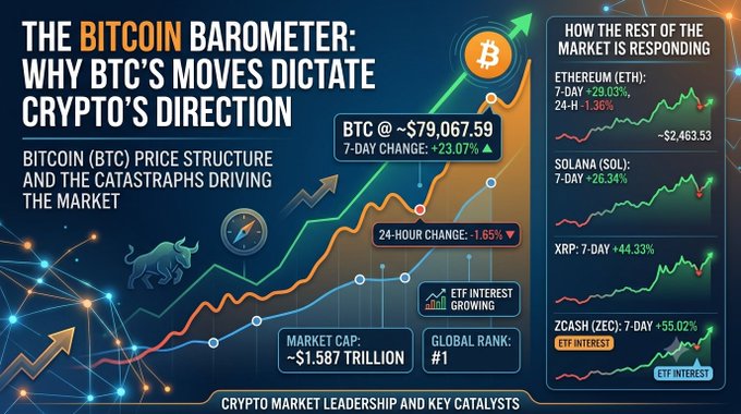 The image, titled "The Bitcoin Barometer: Why BTC's Moves Dictate Crypto's Direction," features a financial infographic showing Bitcoin at ~$79,067.59 with a +23.07% 7-day gain (though noting a 24-hour dip of -1.65%), a market cap of ~$1.587 trillion, and rankings of top altcoins including Ethereum (ETH) +29.03%, Solana (SOL) +26.34%, XRP +44.33%, and Zcash (ZEC) +55.02%. The visual directly complements the post by illustrating Bitcoin's market dominance and the institutional catalysts—highlighted as "ETF Interest Growing" tags—driving its rally to the $80K psychological resistance level.