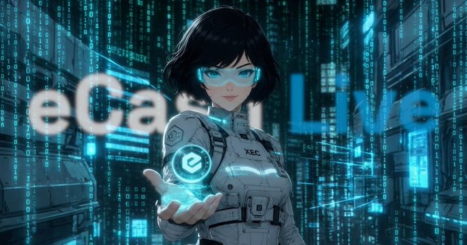 The image features an anime character dressed as a robot, holding up a blue crystal ball with both hands. The background of the image is filled with blue code blocks, giving the impression that they are in a futuristic city or environment. The text "ecash live" is written above and to the right of the character's hand, indicating that this is an advertisement for eCash ecash live.