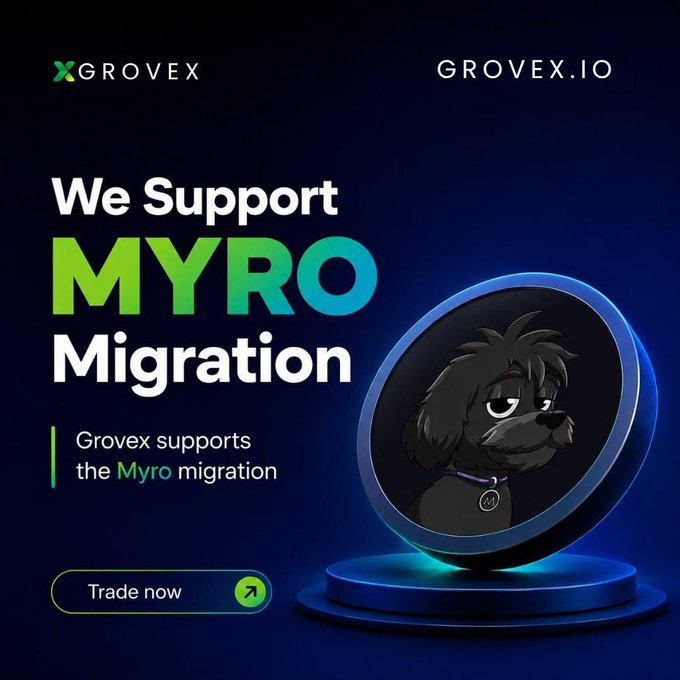 The focus of this image is a black dog with purple collar sitting next to a blue plate, which has some text on it that reads "We Support Myro Migration", followed by an image of a blue plate against a dark background.