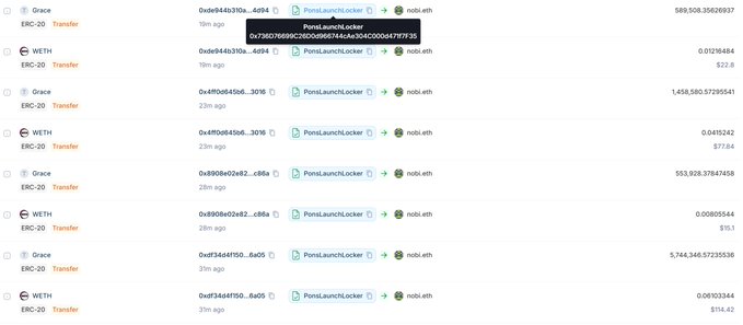 A blockchain transaction history showing ERC-20 transfers of Grace and WETH tokens to and from the PonsLaunchLocker contract at nobi.eth, with large amounts including 1,458,580.57 Grace and 589,506.36 Grace tokens being processed.