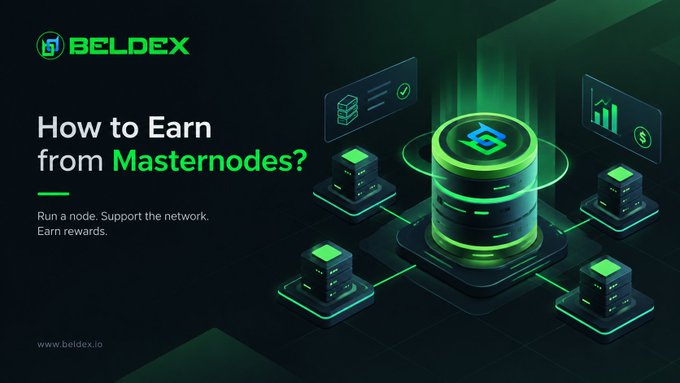 A promotional banner for Beldex featuring the headline "How to Earn from Masternodes?" with the tagline "Run a node. Support the network. Earn rewards." alongside an illustration of networked server nodes displaying charts and the Beldex logo, relating to the post's discussion of the v7.0.3 update's behind-the-scenes improvements to masternode list persistence and BNS database recovery.