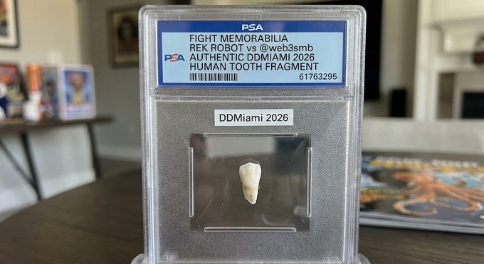 A PSA-graded authenticated fight memorabilia slab containing a human tooth fragment from the REK ROBOT vs @web3smb Authentic DDMIAMI 2026 match, labeled DDMiami 2026.