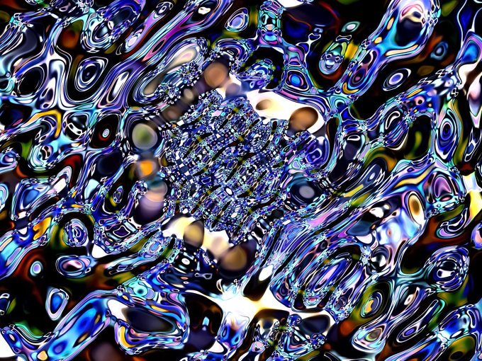 An abstract, highly distorted digital artwork with iridescent, liquid-like shapes in blues, purples, blacks, and silvers, with a crystalline structure in the center.