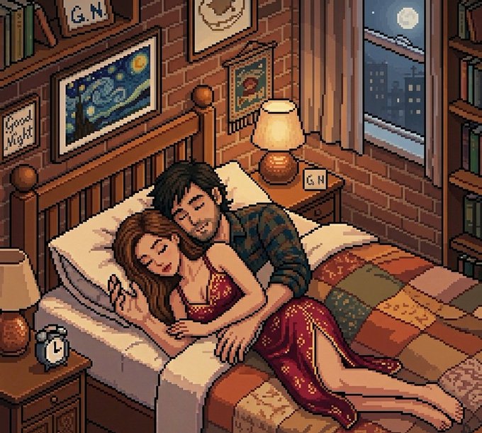 A pixel art scene depicts a couple nestled together in bed under a patchwork quilt, with "G.N" initials visible on a picture frame, a "Good Night" sign, and a bedside label, while a moonlit cityscape glows through the window. The image visually echoes the "GN" (Good Night) greeting and intimate, cozy tone of the post, contrasting its tender domesticity with the post's mention of a snake with twelve personalities as a creative IP character.