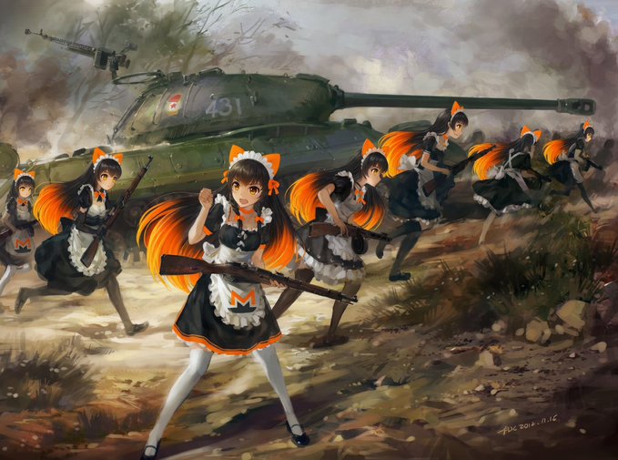 The image features a group of women dressed as maids, with one woman wearing an orange dress and holding a rifle. They are standing next to a large tank that has the number 451 on its side. The background includes trees and bushes, suggesting they might be in a forest or a war-torn area. The post reads "Get Monero. $XMR", which could possibly be related to an online marketplace for rare coins or collectibles featuring the image of the maids with the rifle.

The combination of the women dressed as maids and the tank creates an interesting contrast between domestic roles and military equipment, potentially symbolizing a conflict or war theme in the artwork. The presence of the number 451 on the tank further emphasizes this theme by connecting it to a specific military context.