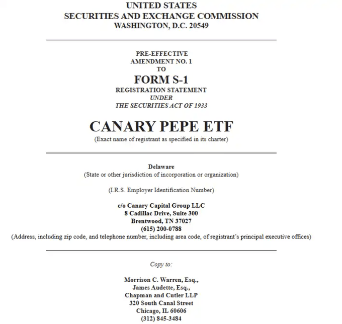 A SEC Form S-1 registration statement cover page for the 'CANARY PEPE ETF', filed by Canary Capital Group LLC in Delaware, with a copy to Morrison C. Warren and James Audette.