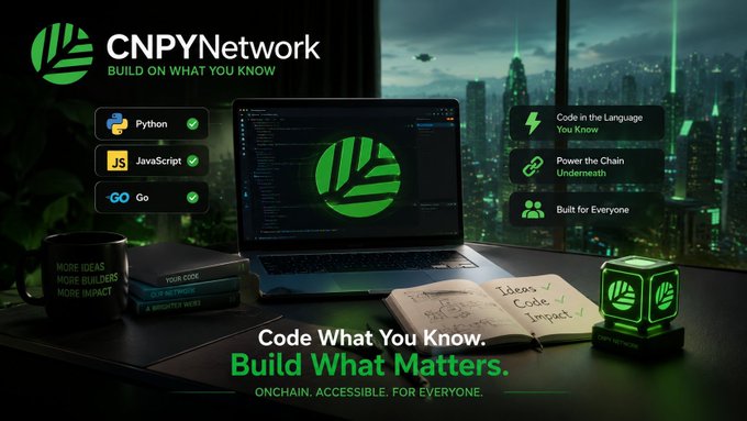 Promotional banner for 'CNPYNetwork - BUILD ON WHAT YOU KNOW' featuring a laptop displaying green code with the CNPY logo, a cityscape background, and tags for Python, JavaScript, and Go, with the tagline 'Code What You Know. Build What Matters. ONCHAIN. ACCESSIBLE. FOR EVERYONE.'