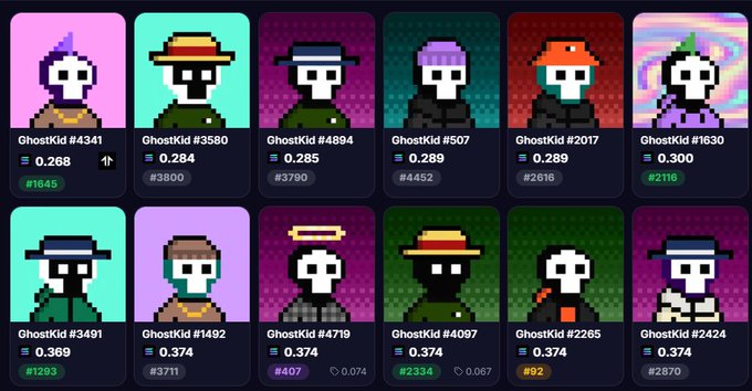 A grid of pixel art GhostKid NFT collectibles featuring various character designs with prices ranging from 0.268 to 0.374 ETH and ID numbers like #341, #3580, and #4894.