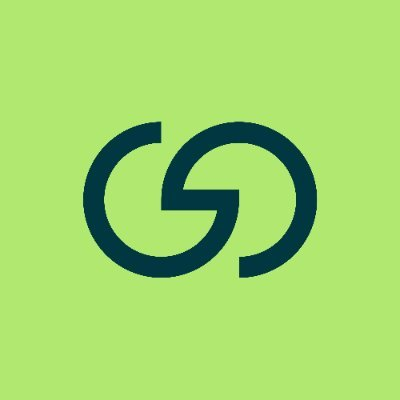 A simple green logo featuring a stylized dark blue 'G' design on a light green background.
