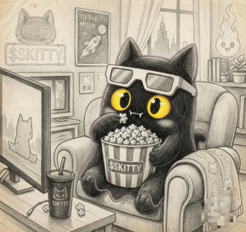 A pencil-style illustration of a black cartoon cat with large yellow eyes wearing 3D glasses, sitting in an armchair and eating popcorn from a bucket labeled 'SSKITTY', with a drink and TV nearby.