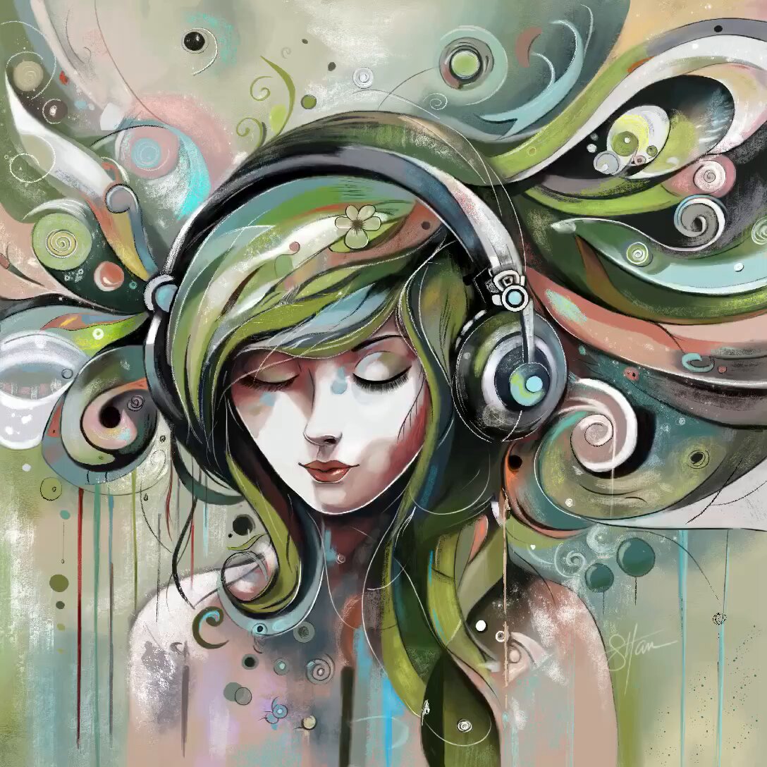 The image features a woman with long, green hair wearing headphones that are black and white. She has her eyes closed as if she's listening to music or meditating. The background of the painting is filled with various shapes and colors, creating an abstract and colorful scene. There is also text in the image that reads "When there's too much noise... #solana". This suggests a connection between the woman wearing headphones and the concept of noise pollution, which can be detrimental to one's mental well-being.

The painting seems to be a representation of finding peace amidst chaos or using music as a form of relaxation in a noisy environment. The use of abstract shapes and colors adds an artistic touch to the image, making it visually appealing while conveying a deeper meaning related to the theme of noise pollution.