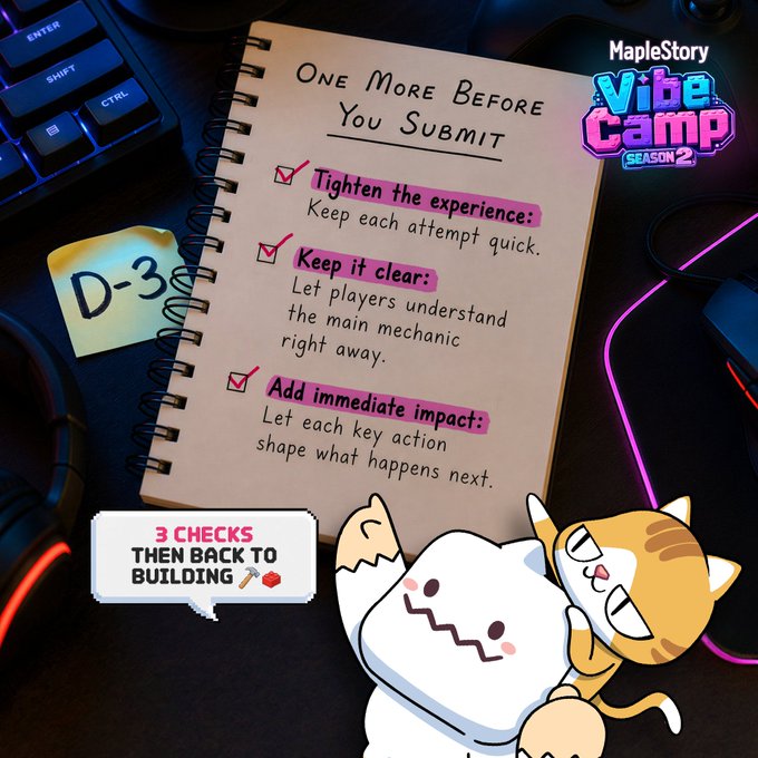 Promotional image for MapleStory Vibe Camp Season 2 featuring a notebook with three design checks: 'Tighten the experience', 'Keep it clear', and 'Add immediate impact', alongside cartoon characters and a D-3 countdown.